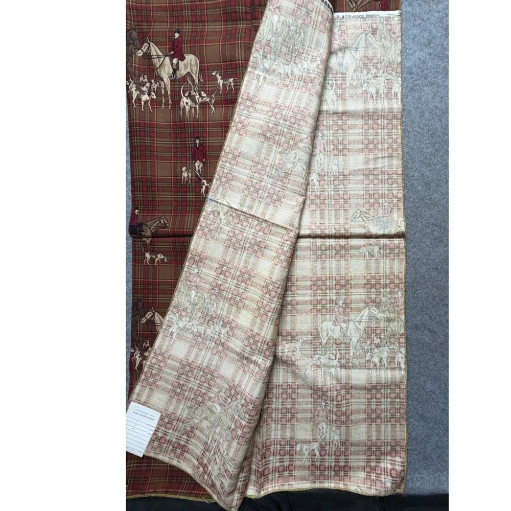 Vintage Sherrill Furniture Madder Rust Equestrian Fox Hunt Plaid Fabric Sample